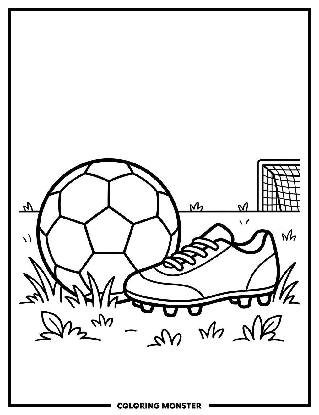 Soccer Ball and Cleat on Field Coloring Page
