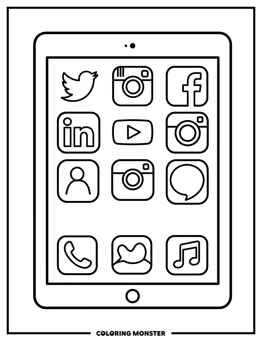 Social Media Tablet Screen Coloring Page