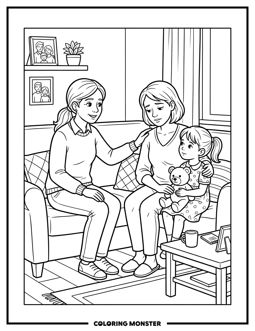 Social Worker Comforts Family Coloring Page