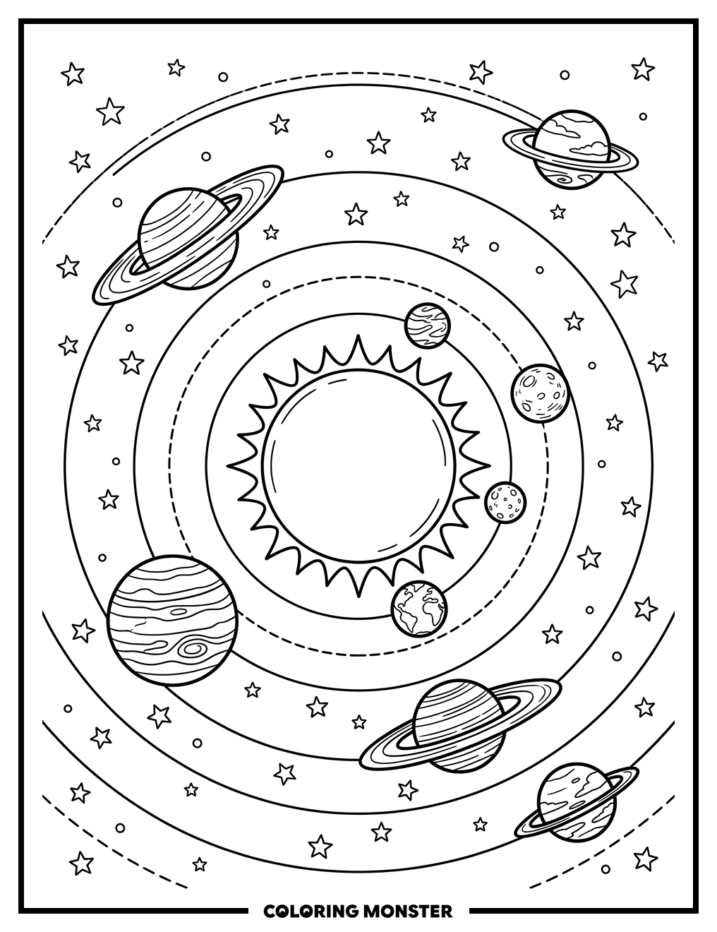 Solar System With Orbiting Planets Coloring Page