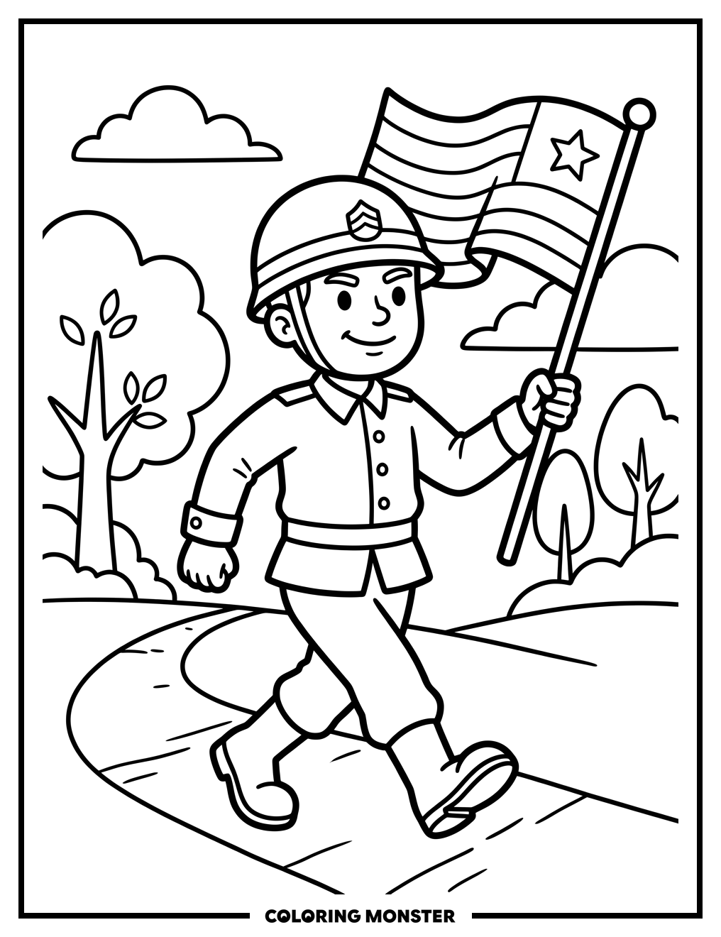 Soldier Marching With Flag Coloring Page