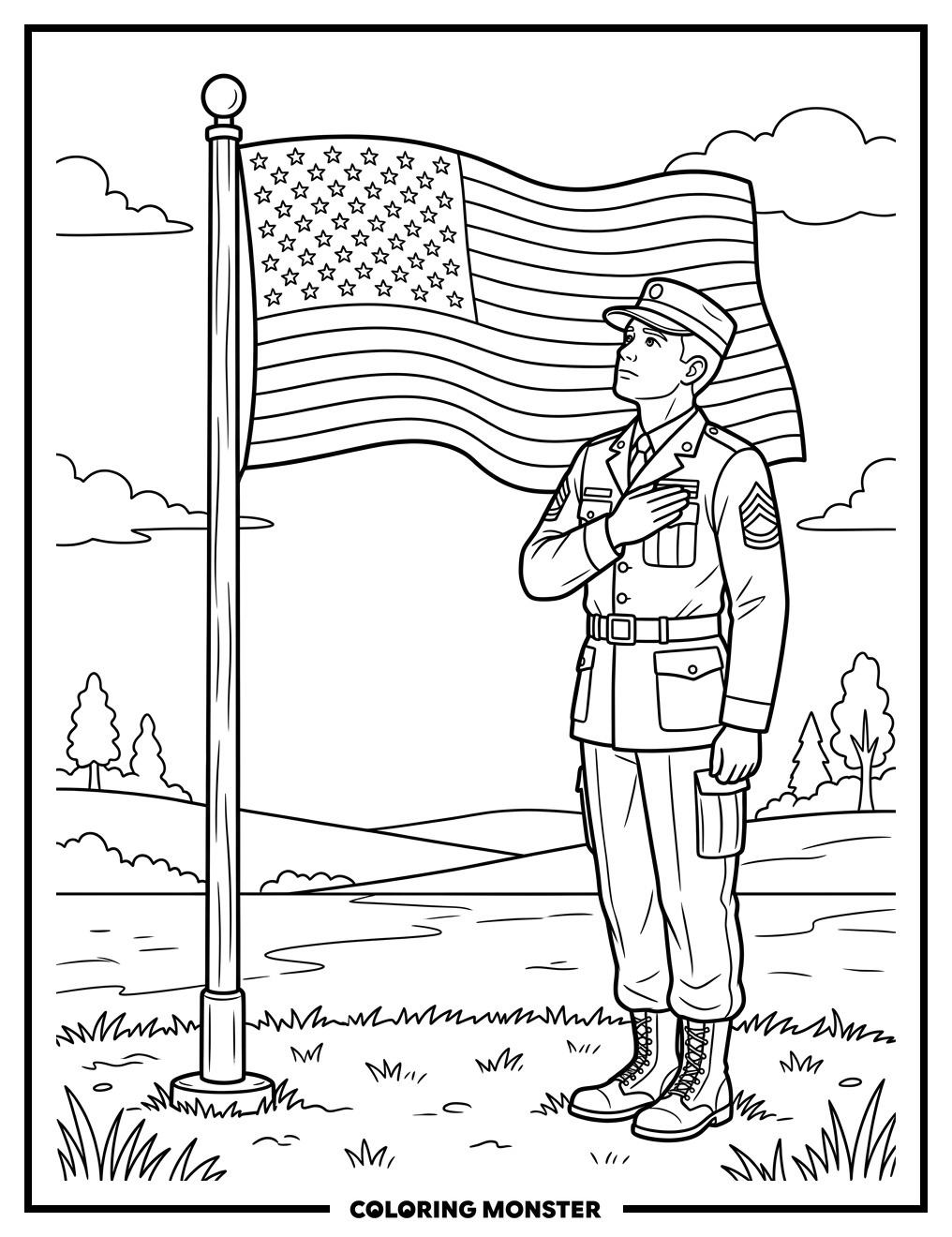 Soldier Salutes American Flag Coloring Page