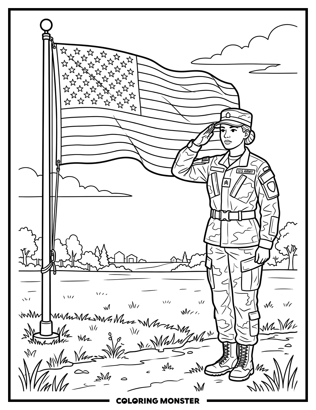 Soldier Saluting American Flag Coloring Page