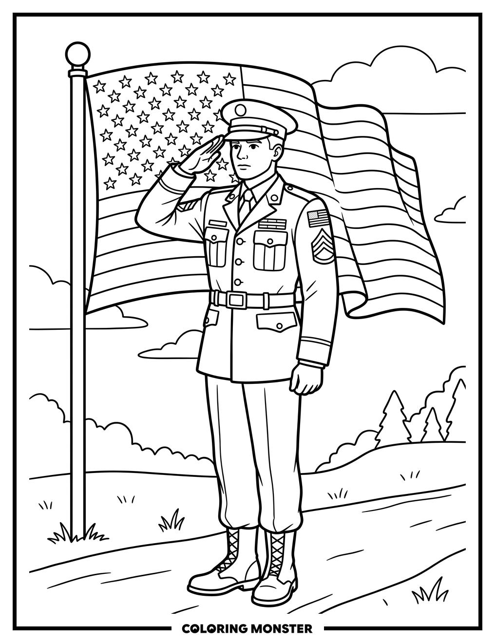 Soldier Saluting American Flag Coloring Page