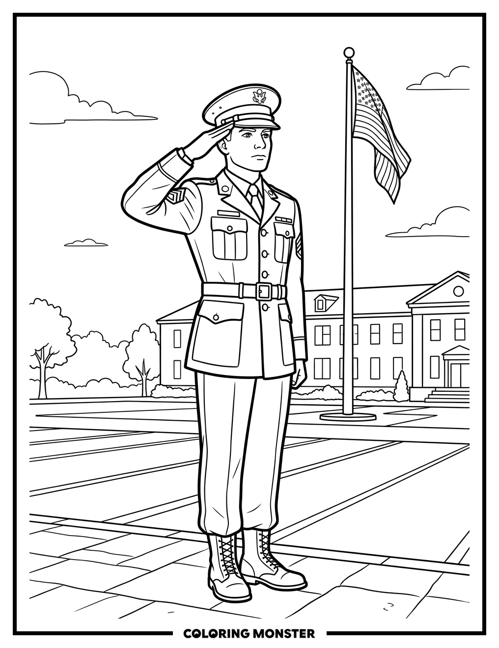 Soldier Saluting at Parade Ground Coloring Page