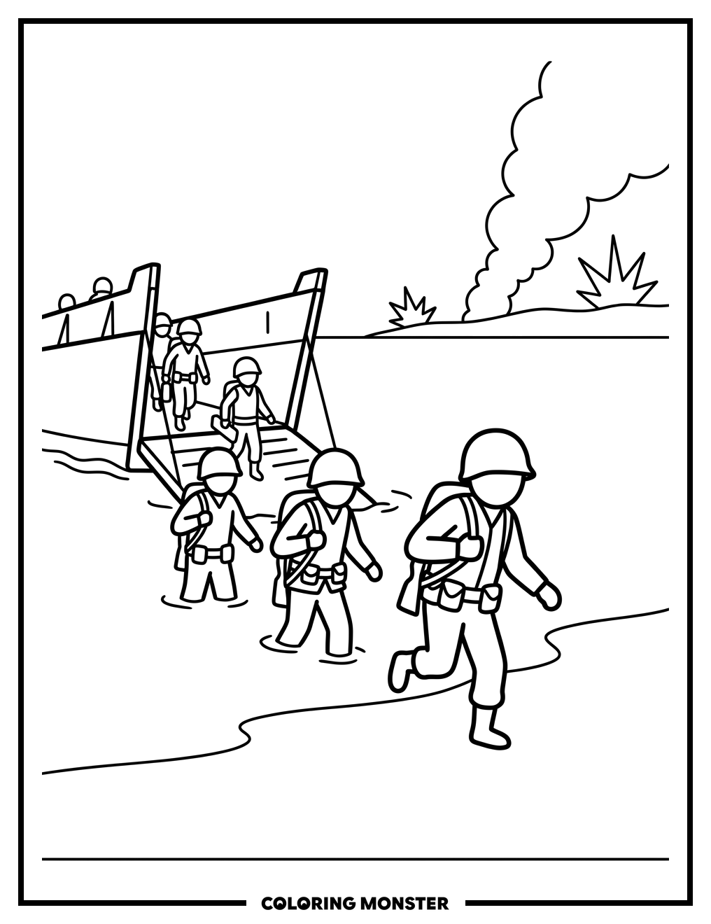 Soldiers Landing on D-Day Beach Coloring Page