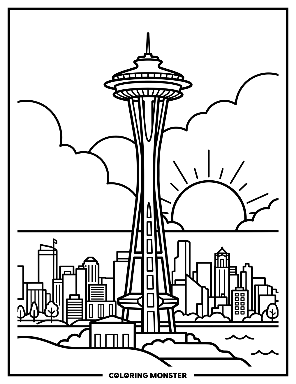 Space Needle At Sunset Coloring Page