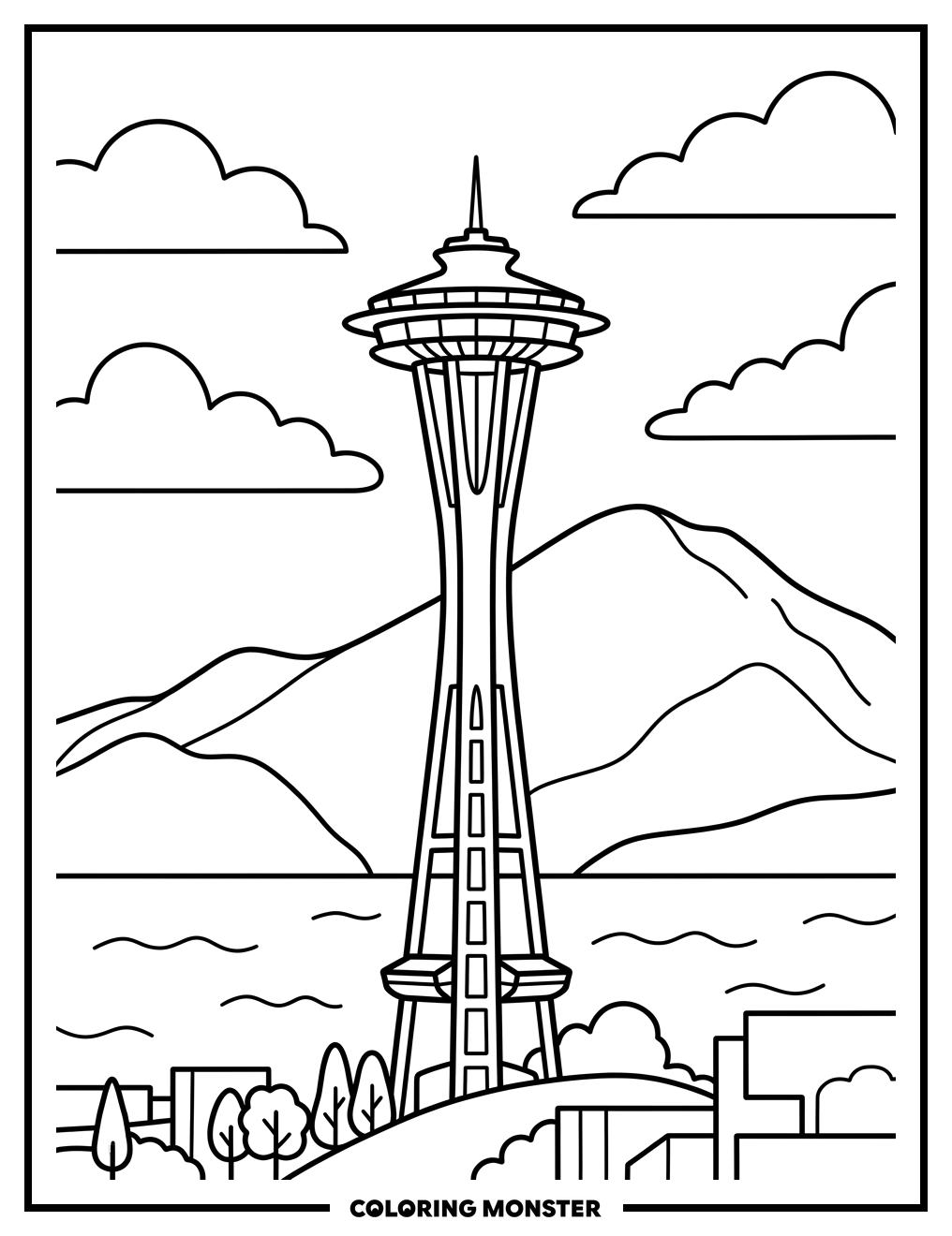 Space Needle with Mountains Coloring Page