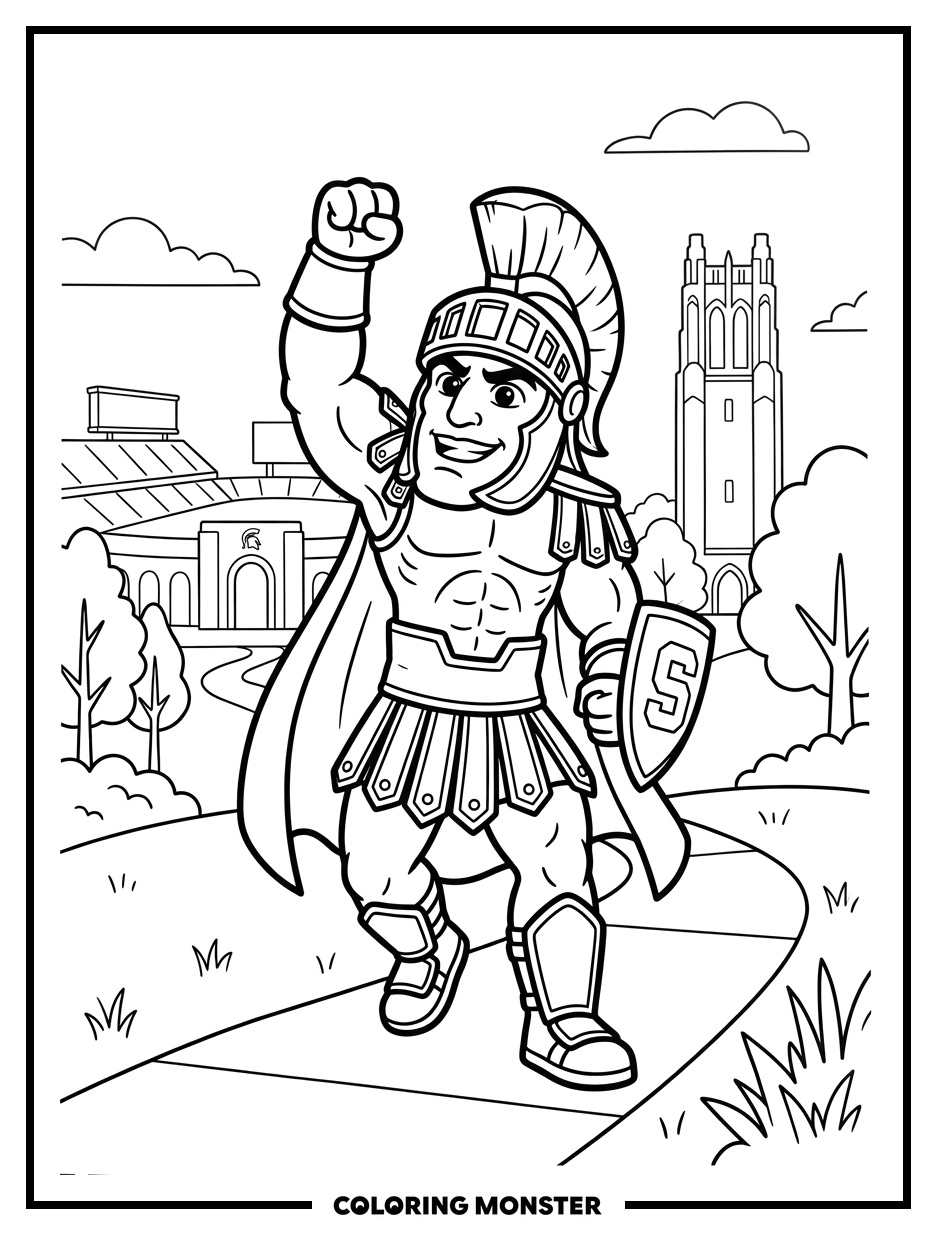 Sparty Mascot in Triumphant Pose Coloring Page