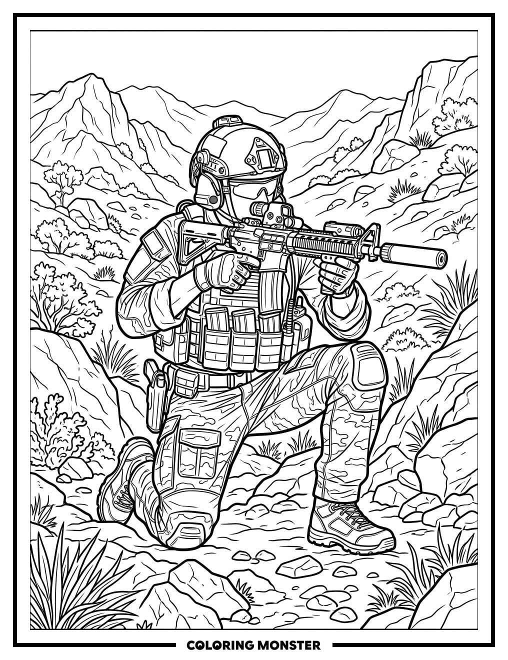 Special Forces Soldier in Defensive Stance Coloring Page