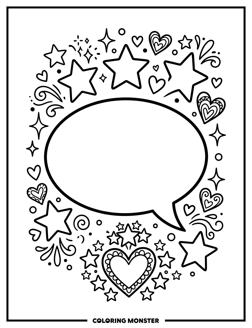 Speech Bubble With Stars and Hearts Coloring Page
