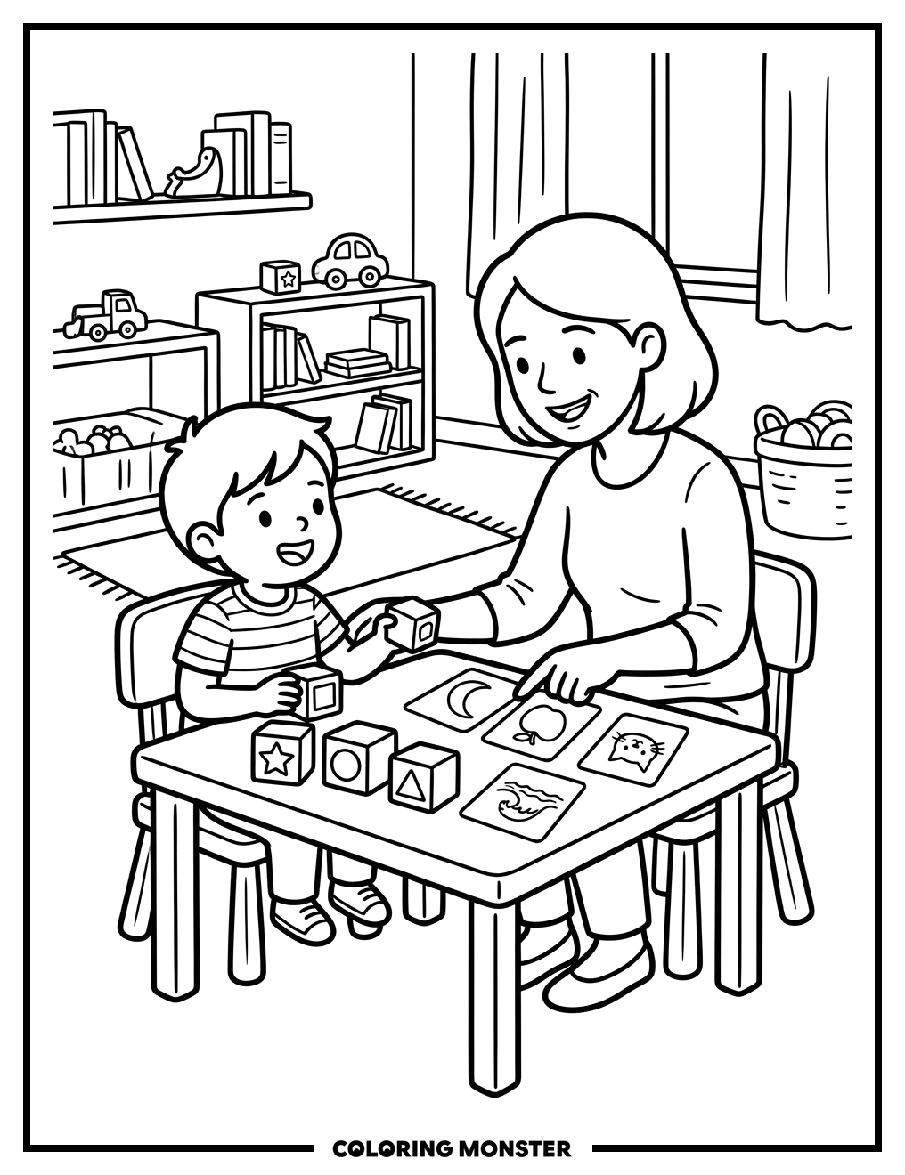 Speech Therapist Helps Child Practice Sounds Coloring Page