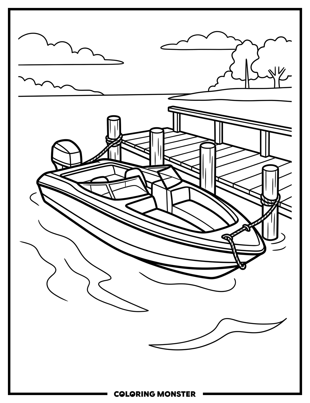 Speed Boat Moored to Dock Coloring Page