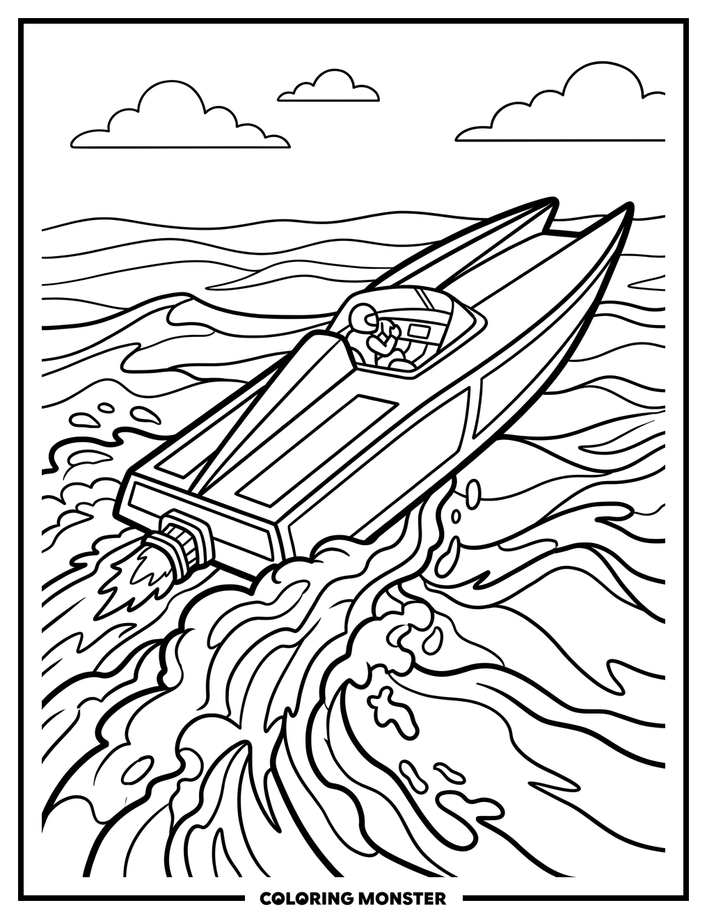 Speedboat Racing Through Waves Coloring Page