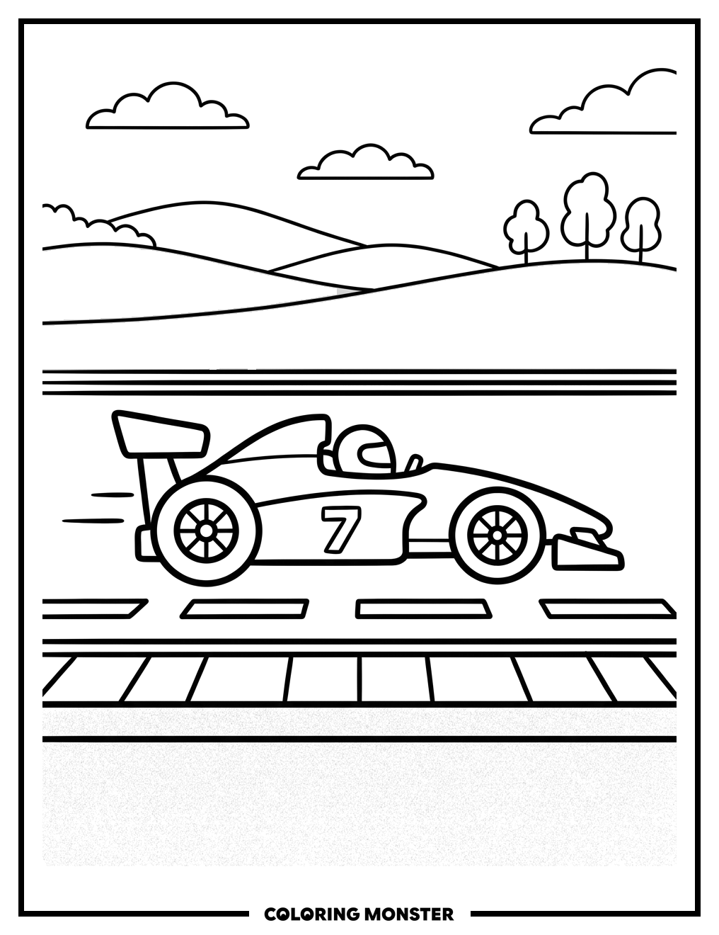 Speeding Race Car on Racetrack Coloring Page