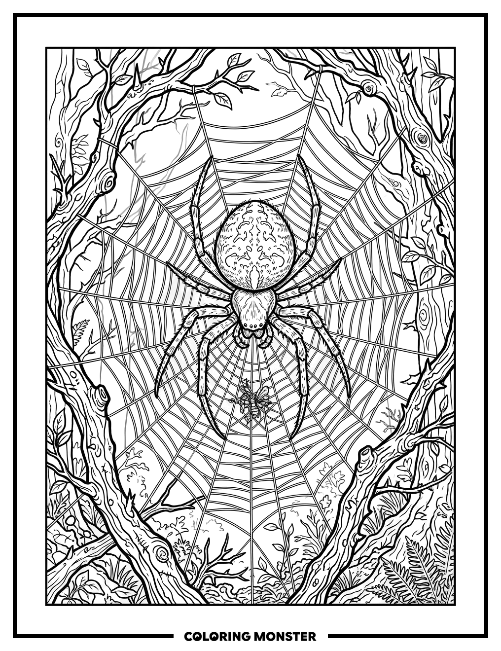 Spider and Web in Misty Forest Coloring Page