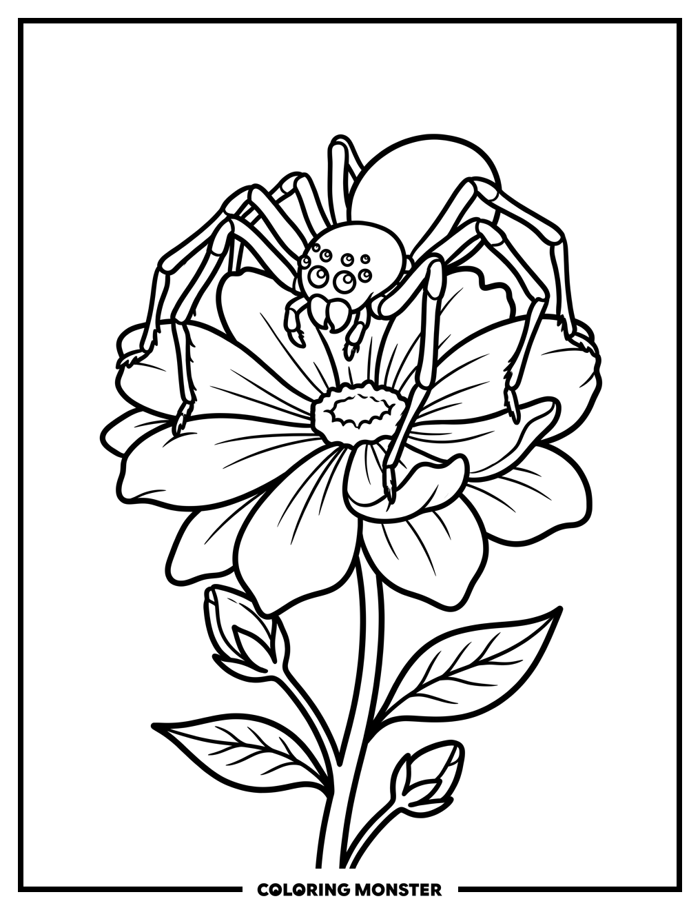 Spider on Blooming Flower Coloring Page