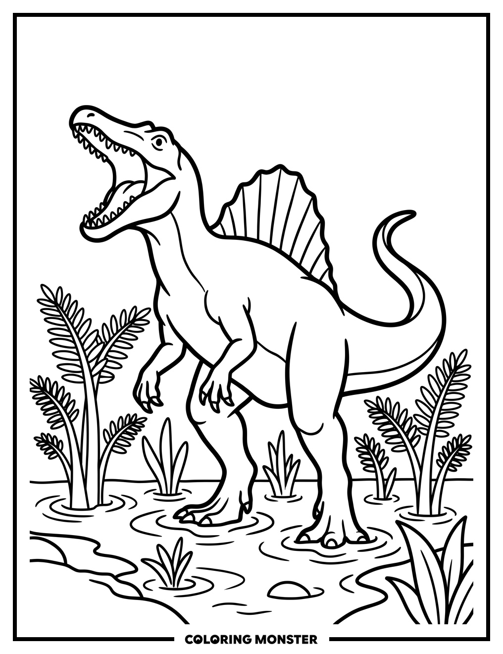 Spinosaurus Roaring in Swamp Coloring Page