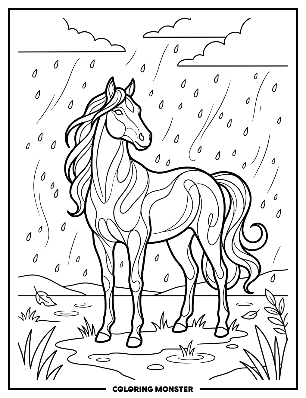 Spirit Horse in Gentle Rain Coloring Page
