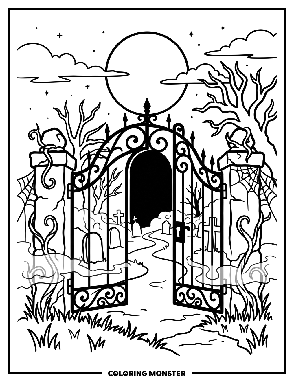 Spooky Cemetery Gate Coloring Page