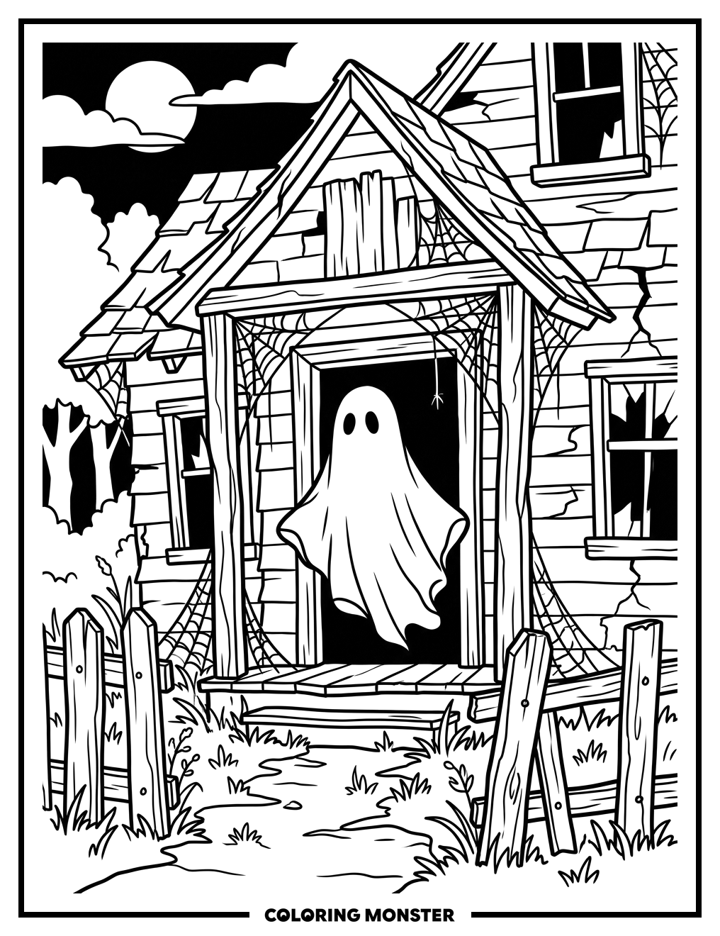 Spooky Ghost in Haunted House Coloring Page