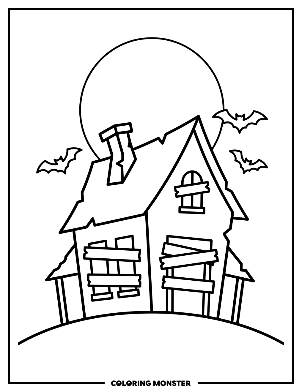 Spooky House Under Full Moon Coloring Page