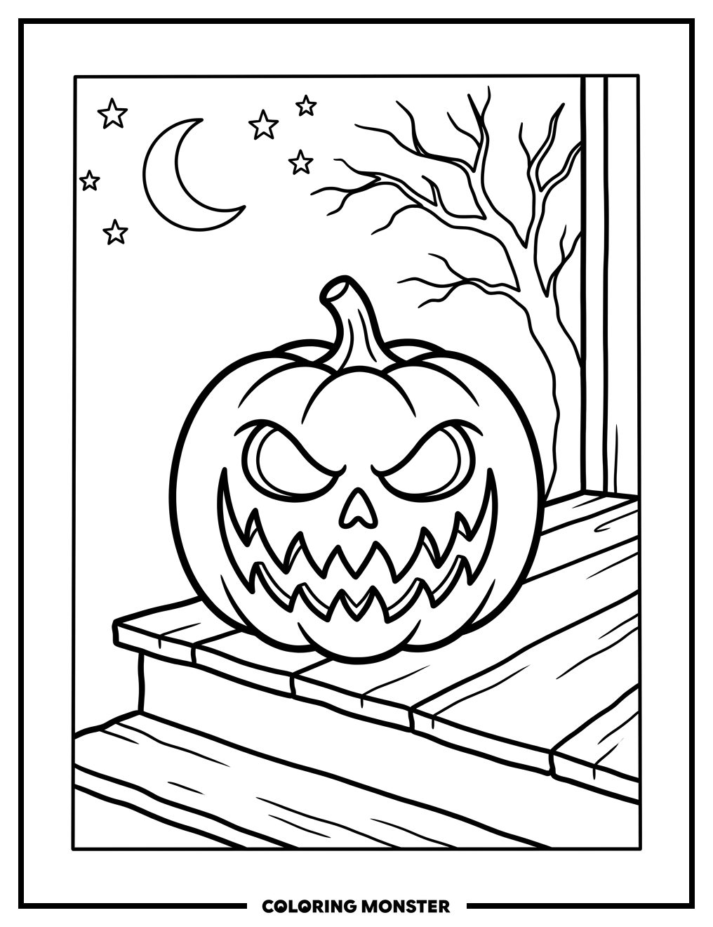 Spooky Pumpkin on Dark Porch Coloring Page