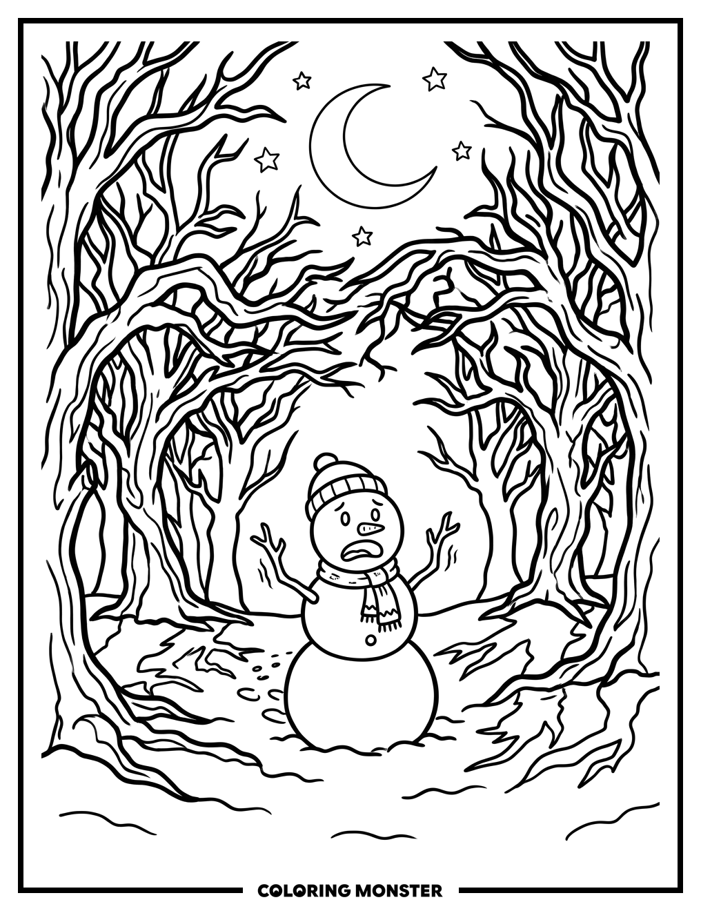 Spooky Snowman in Dark Forest Coloring Page