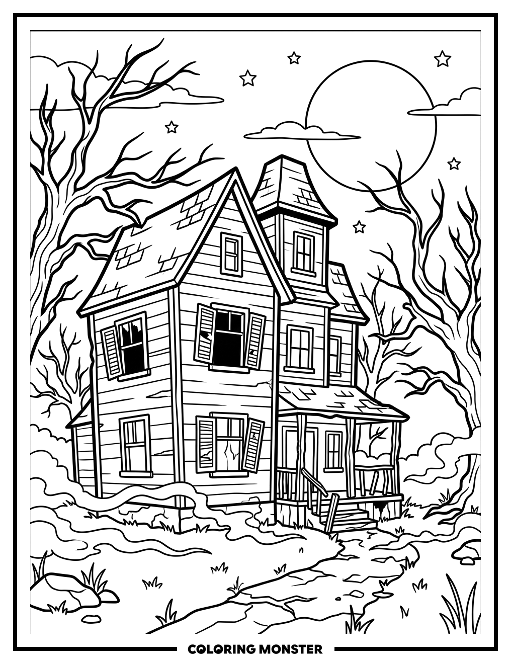 Spooky Victorian House at Night Coloring Page