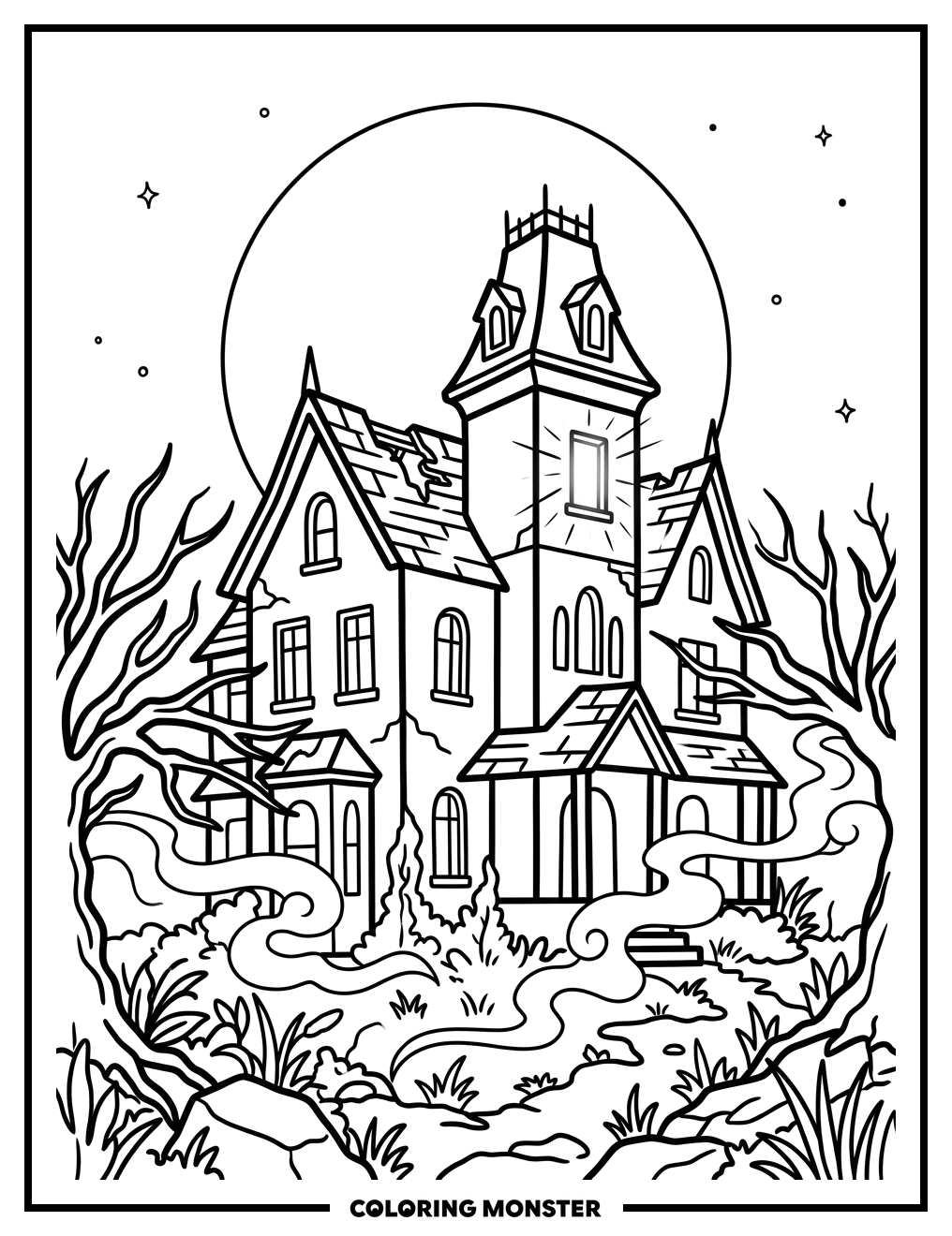 Spooky Victorian Mansion at Night Coloring Page