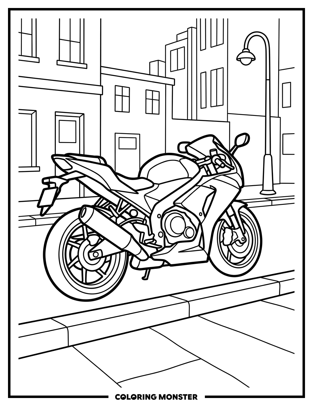 Sport Bike on City Street Coloring Page