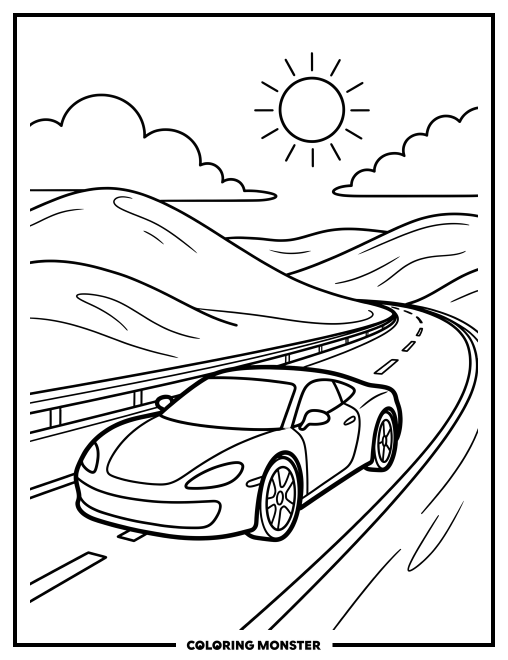 Sports Car on a Sunny Highway Coloring Page