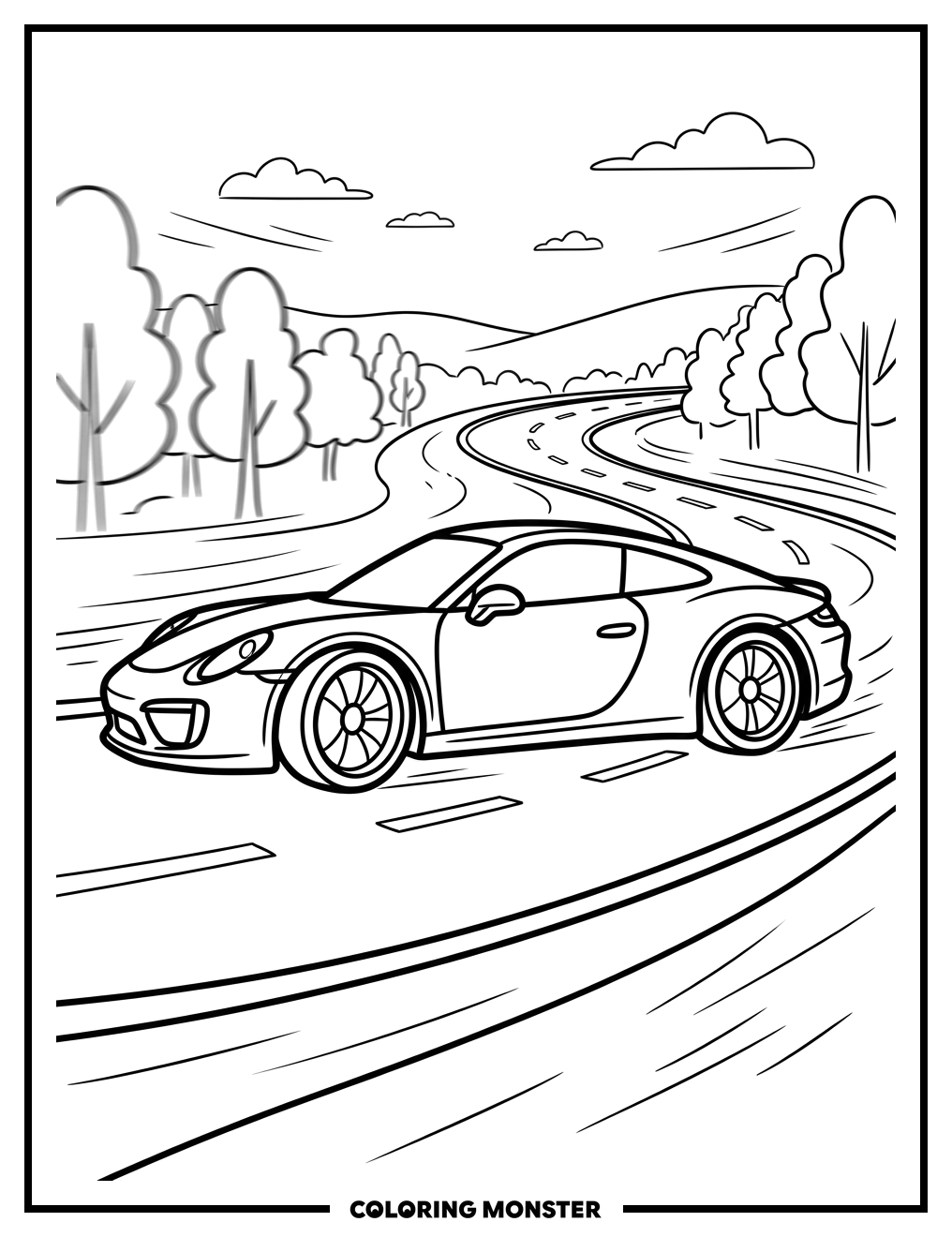 Sports Car Speeding Down Road Coloring Page