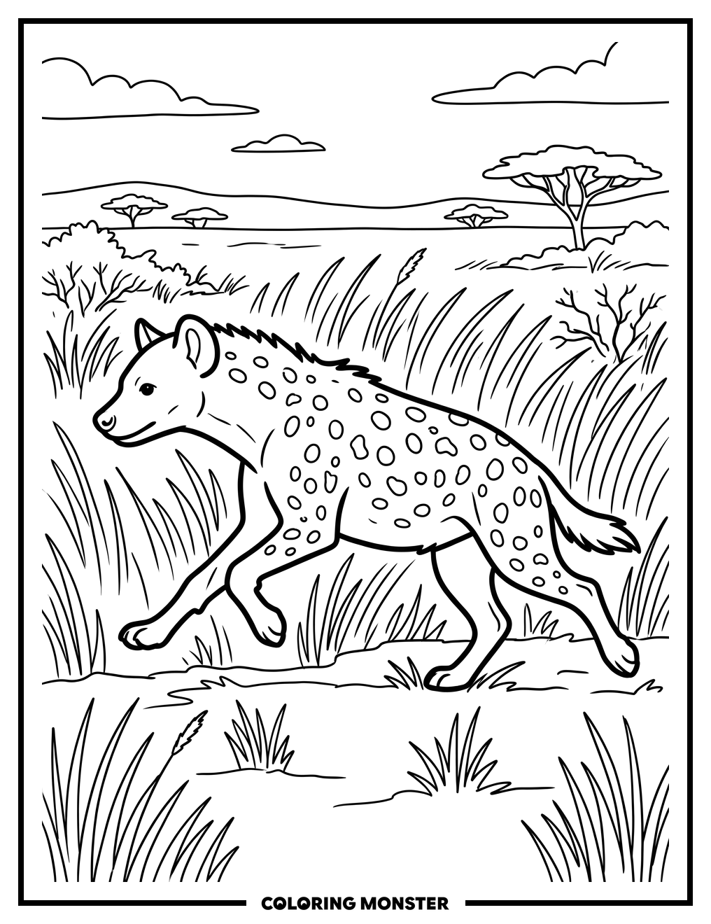 Spotted Hyena Running on Savanna Coloring Page