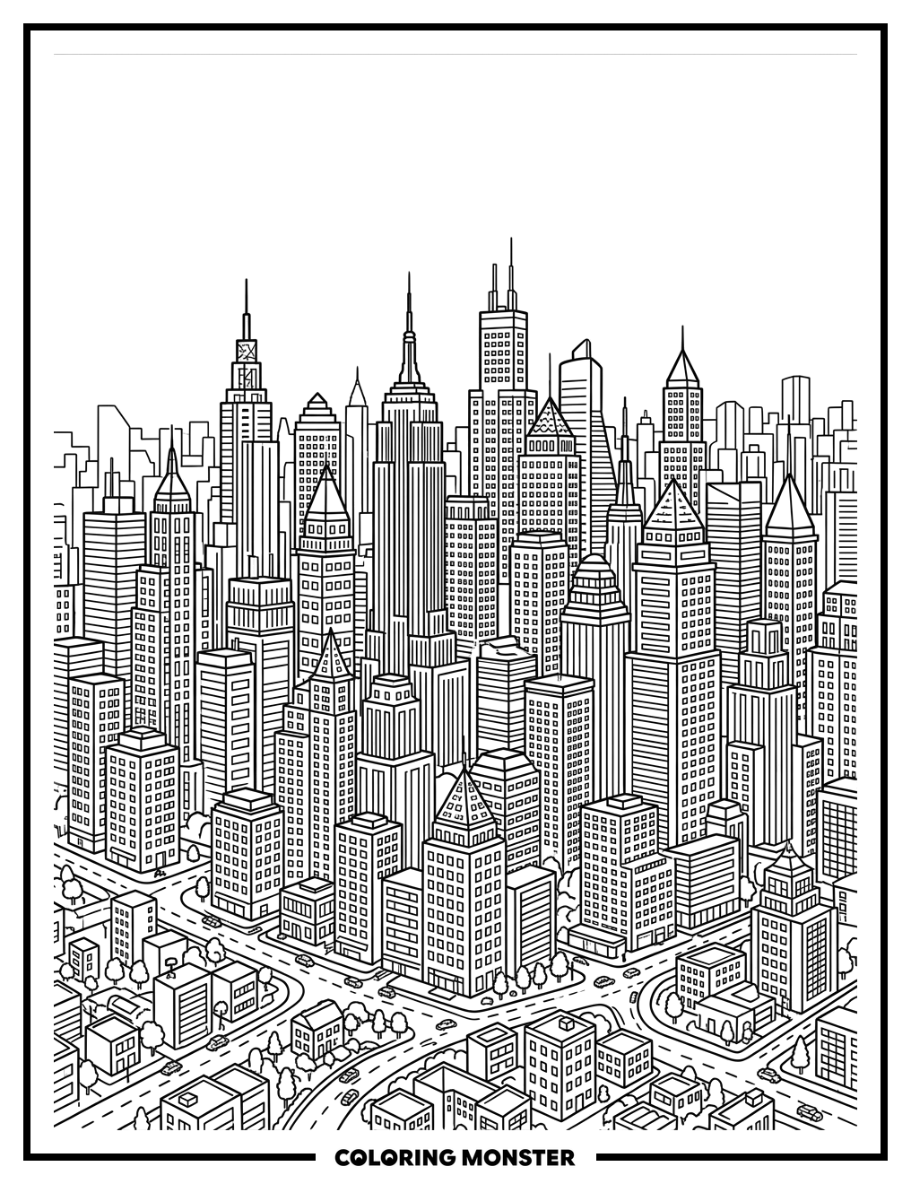 Sprawling Cityscape with Skyscrapers Coloring Page