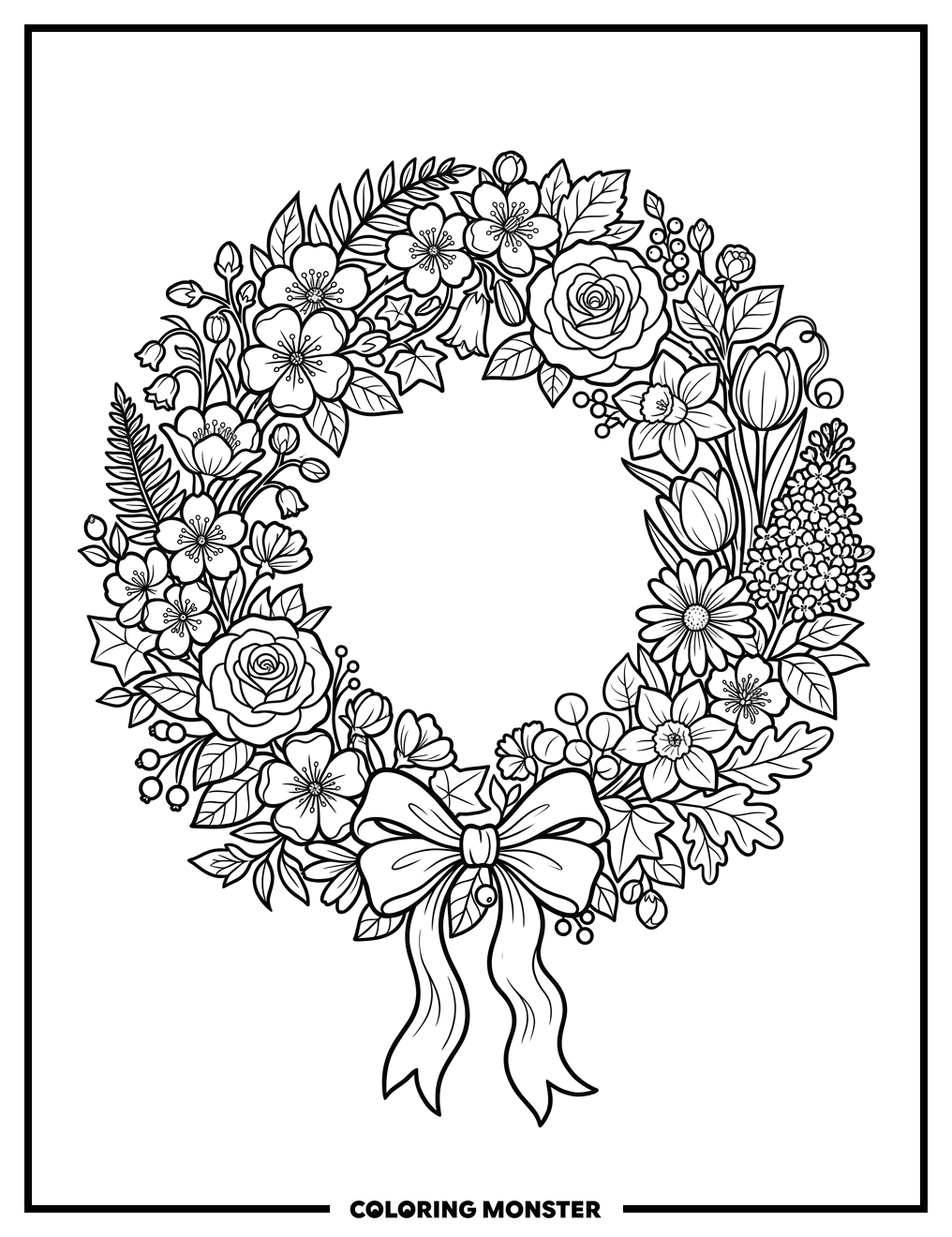 Spring Flower Wreath With Ribbon Coloring Page
