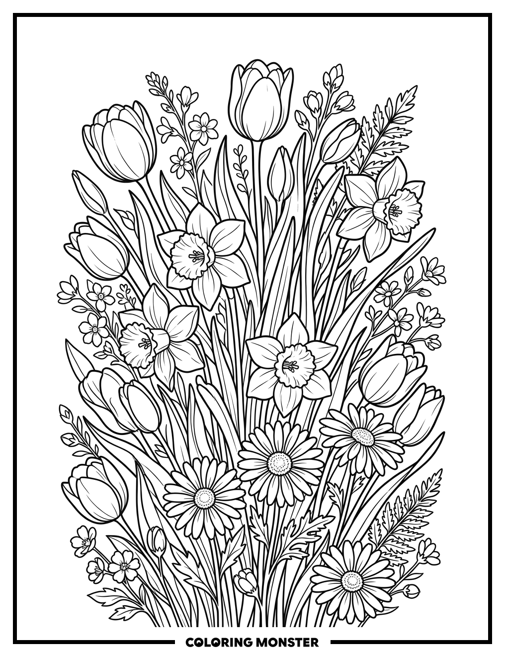 Spring Flowers In Full Bloom Coloring Page