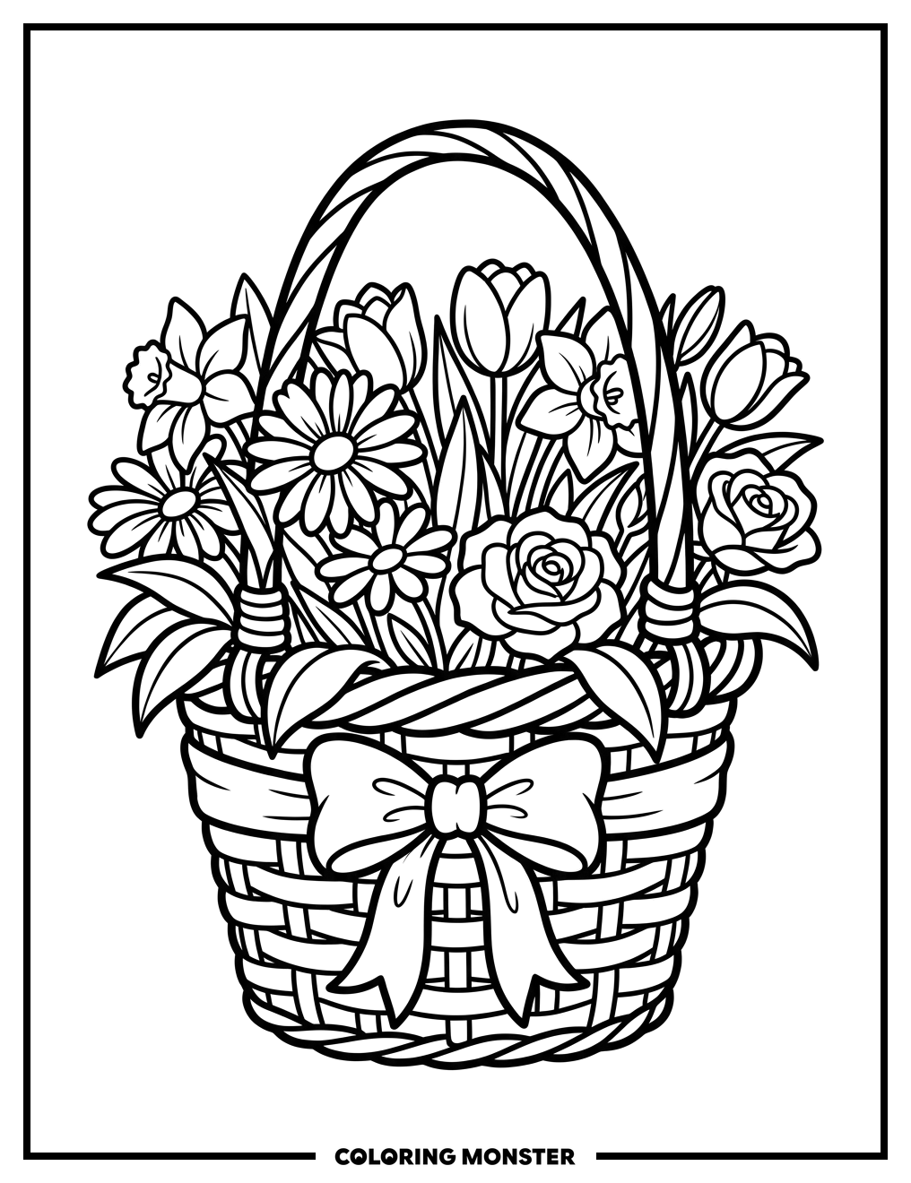 Spring Flowers in Woven Basket Coloring Page