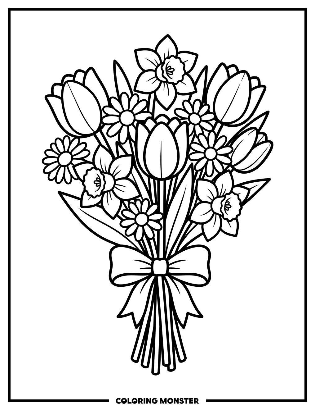 Spring Flowers with Ribbon Coloring Page