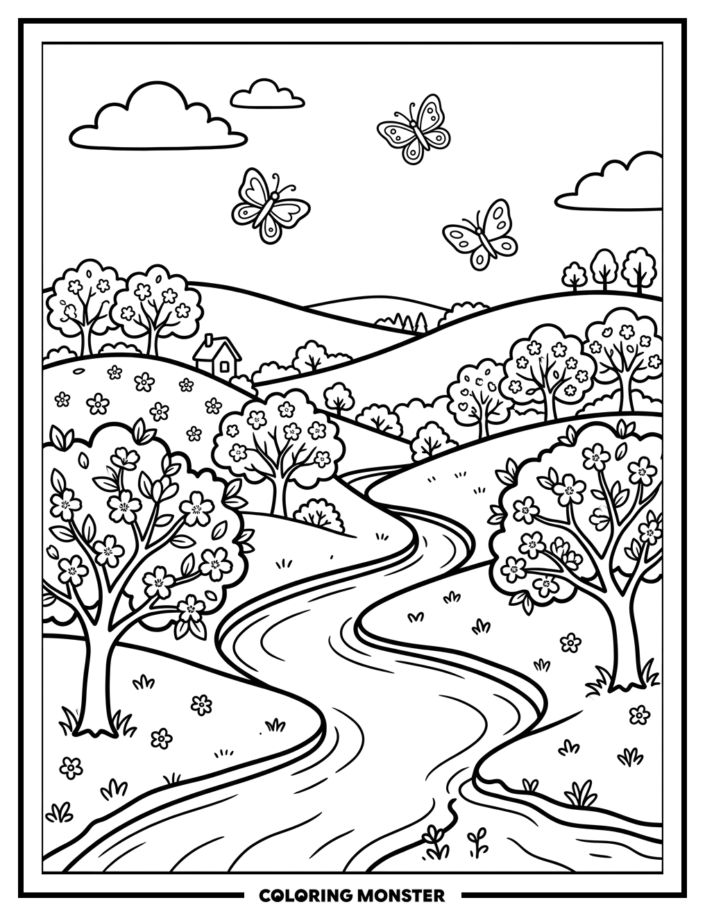 Spring Landscape with Cherry Blossoms Coloring Page