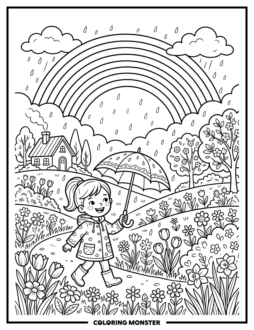 Spring Rain Shower With Rainbow Coloring Page