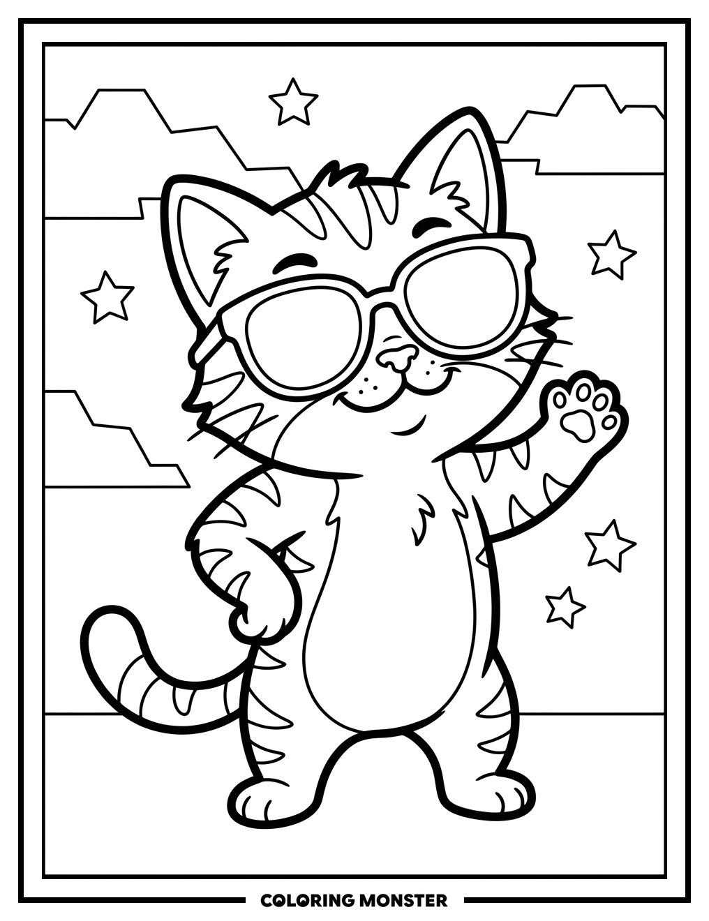 Spunky Cat Wearing Oversized Sunglasses Coloring Page