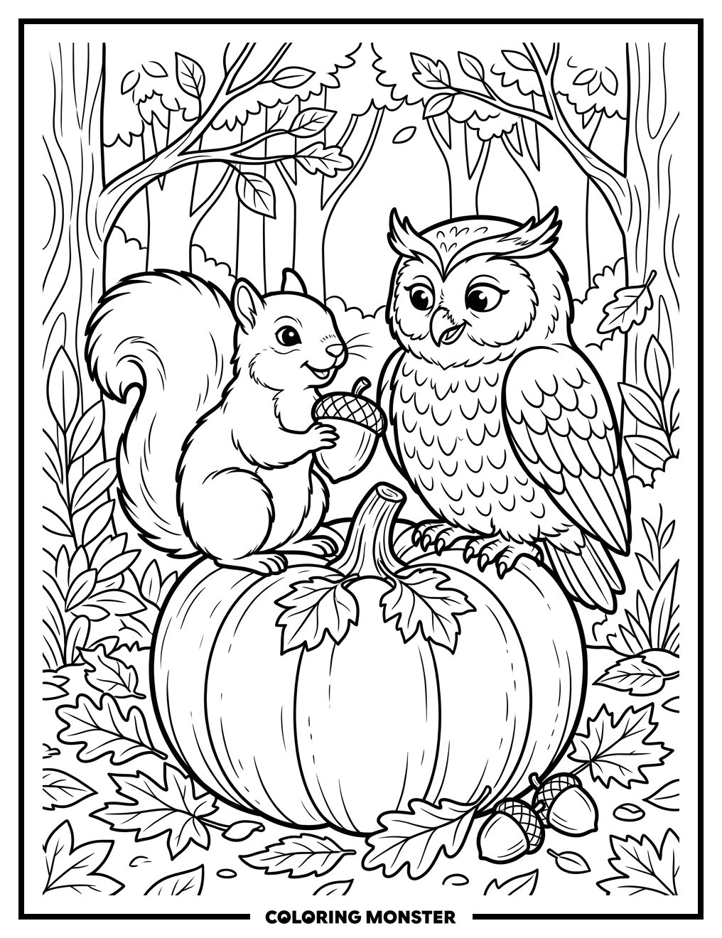 Squirrel and Owl on Pumpkin Coloring Page