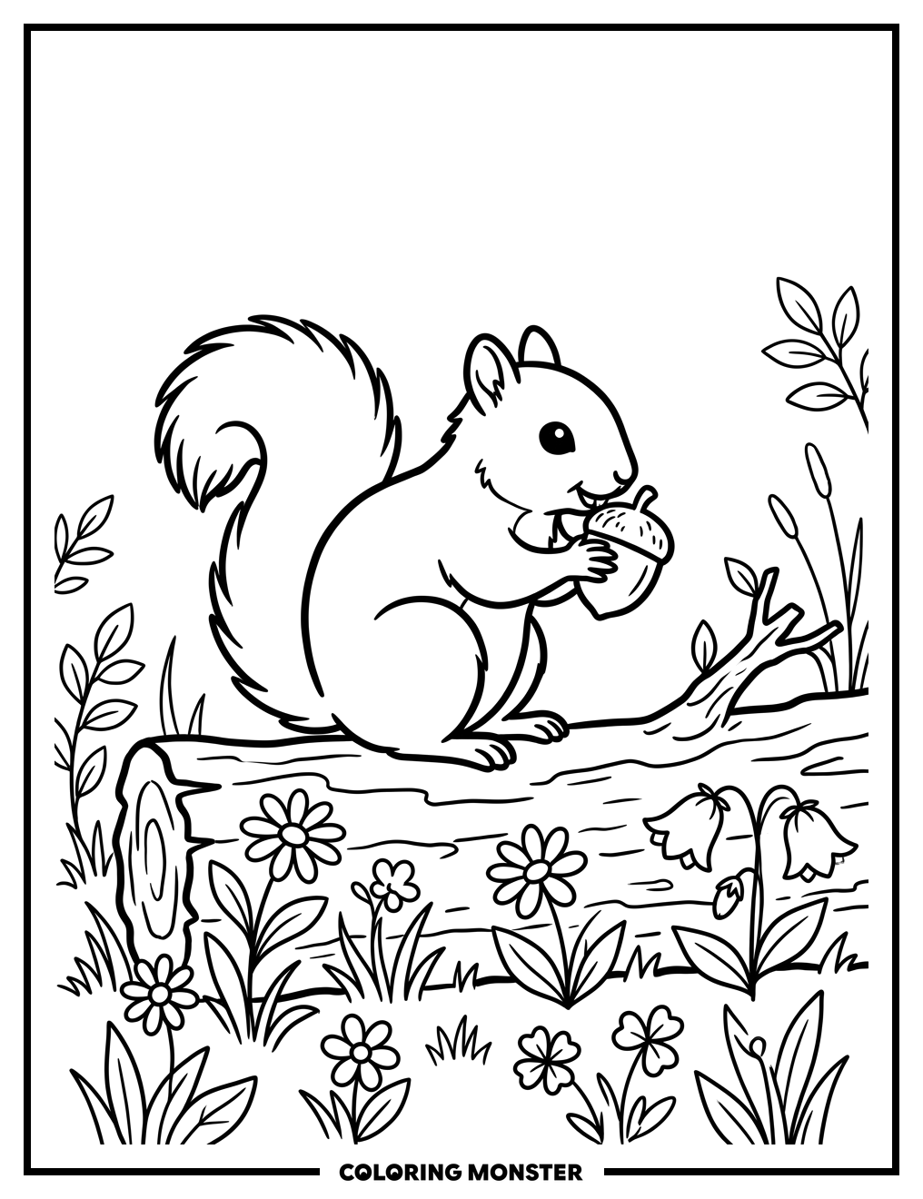 Squirrel Eating Nut By Wildflowers Coloring Page