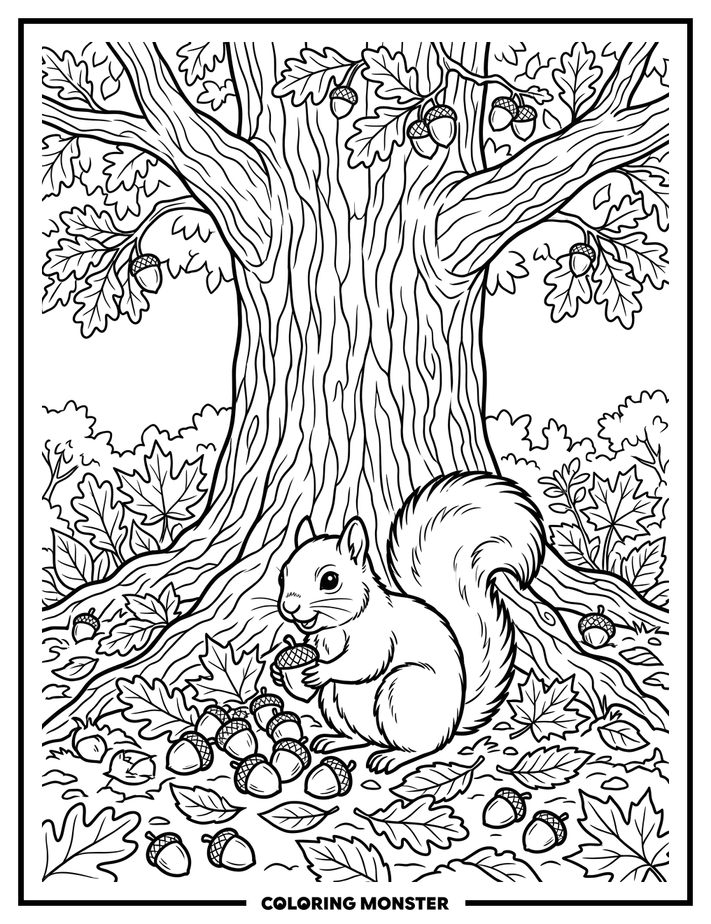 Squirrel Gathering Acorns In Autumn Coloring Page