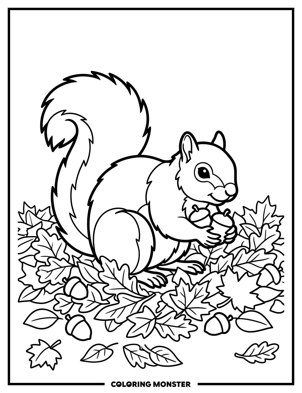 Squirrel Gathering Acorns in Fall Leaves Coloring Page