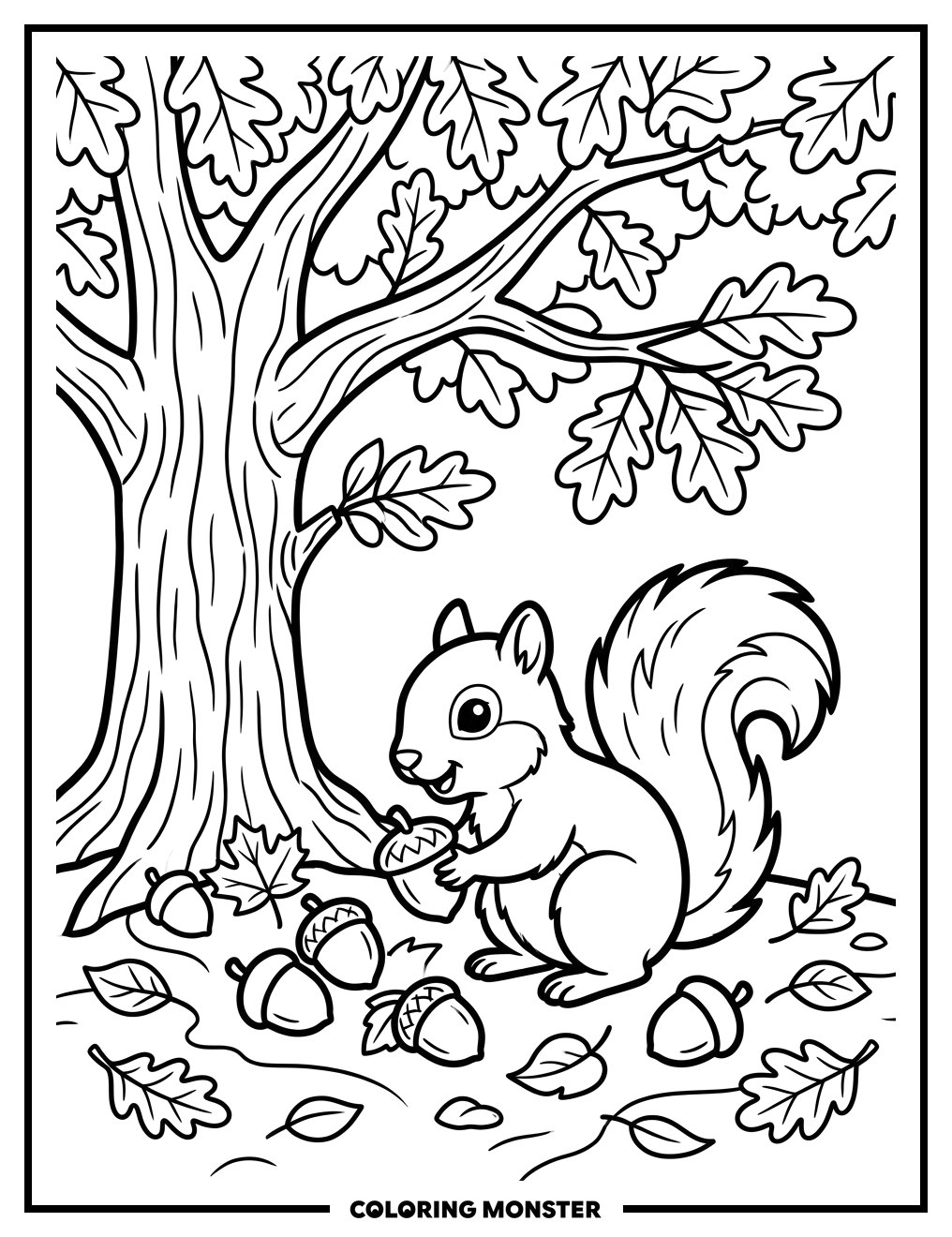 Squirrel Gathering Acorns Under Oak Tree Coloring Page