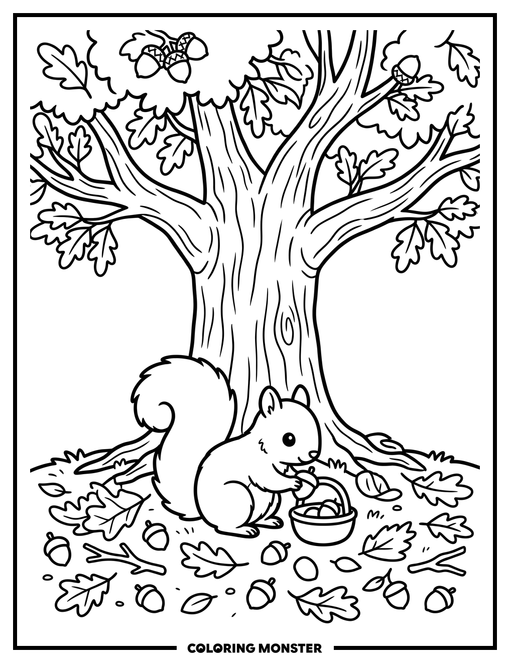 Squirrel Gathering Acorns Under Oak Tree Coloring Page