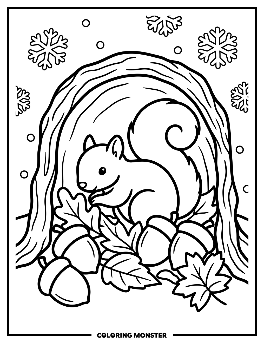 Squirrel in Hollow Log in Snow Coloring Page