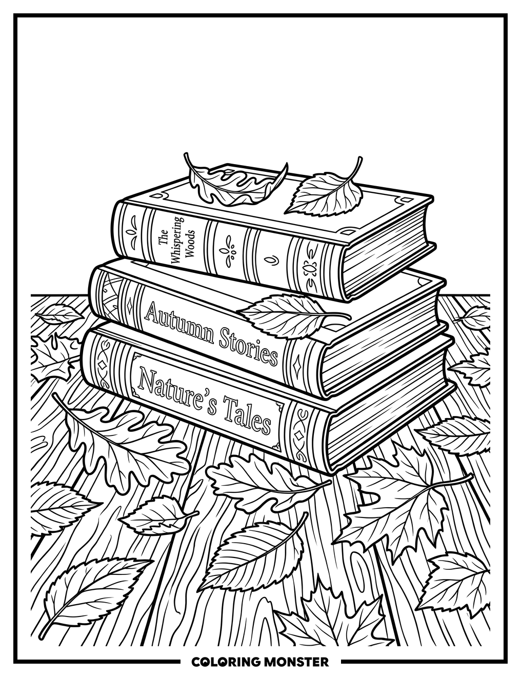 Stack Of Old Books With Autumn Leaves Coloring Page
